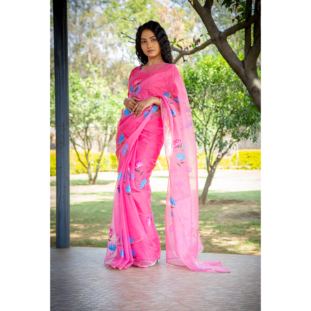 TitliLife - Pink Floral Hand-painted saree