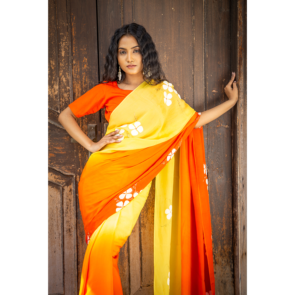 TitliLife - Yellow&Orange Hand painted saree