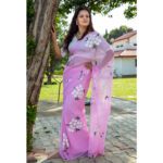 Hand Painted Pastel Pink Chiffon Saree