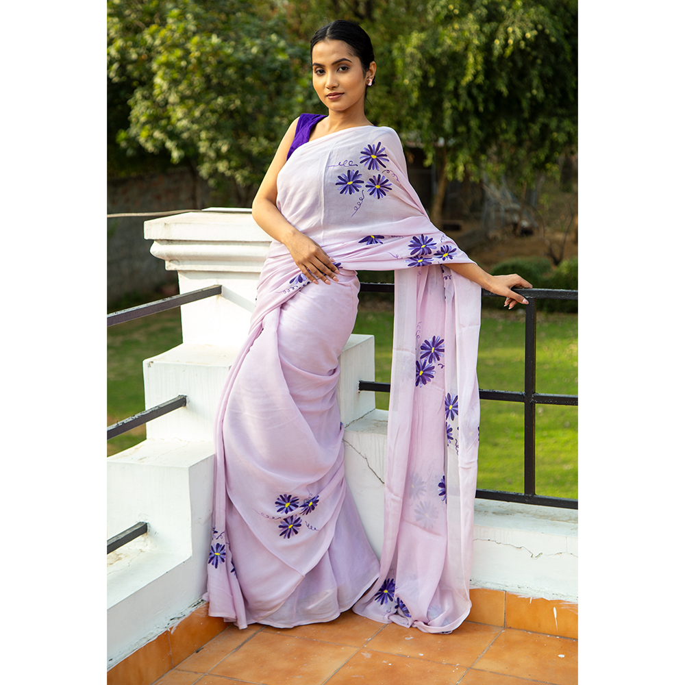 TitliLife-Hand Painted lavender classic chinon saree