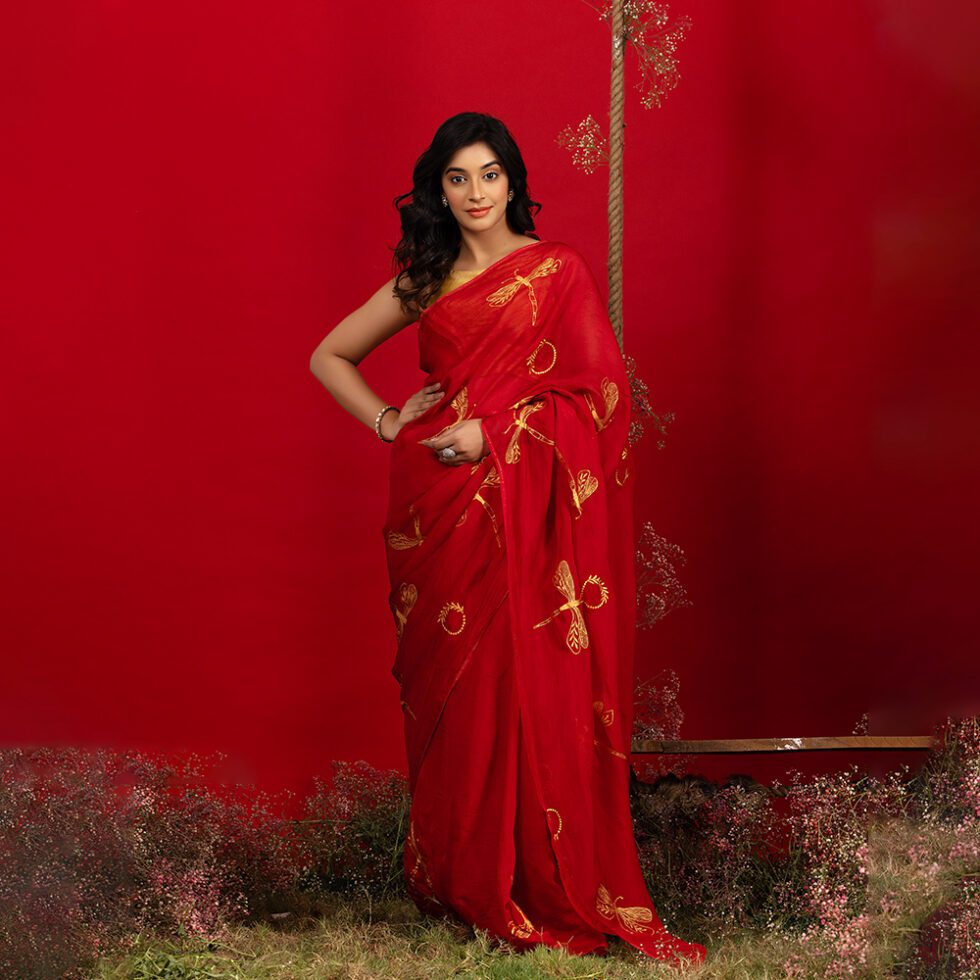 Silhouette matte red silk organza saree -3