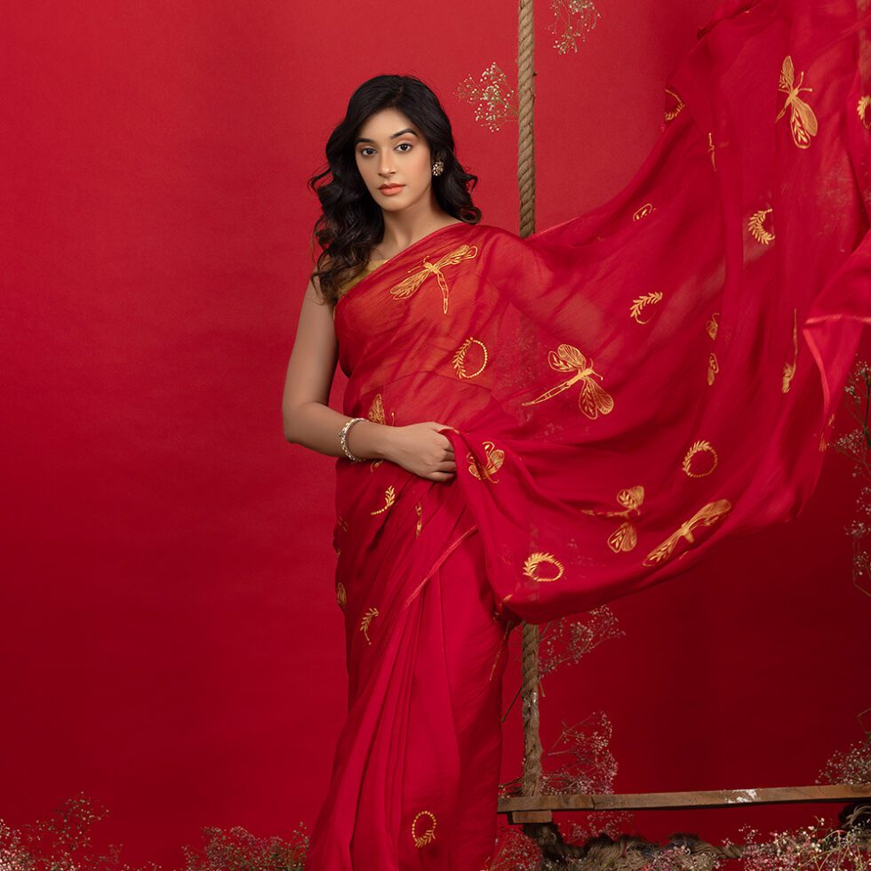 Silhouette matte red silk organza saree -2